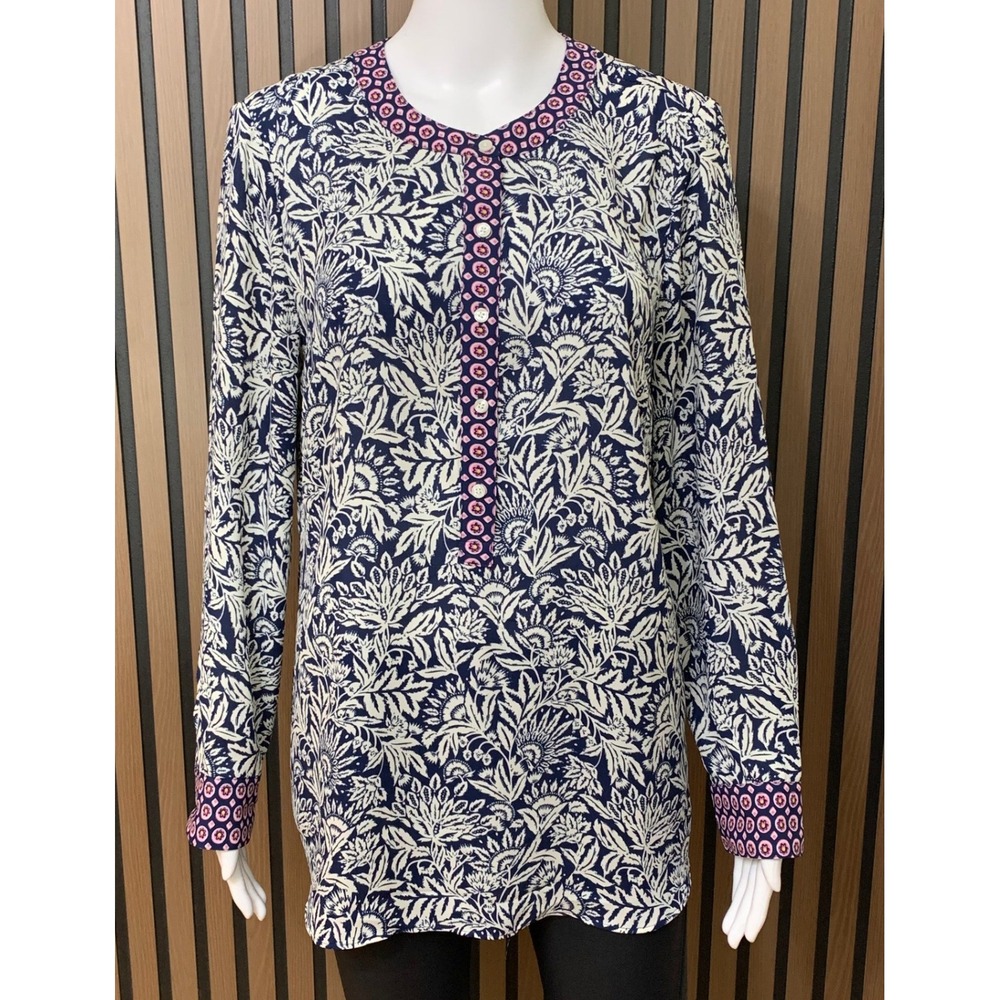 Talbots Women's Navy Blue White Floral Button Front Tunic Blouse Top Size M